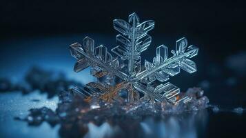 A snow snowflake in the winter, in the style of crystalcore, focus stacking, mike campau, translucent water, Generative AI photo