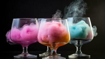 Glasses with tasty cotton candy cocktail on black background, generative ai photo