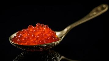 Red Caviar in a spoon. Caviar in bowl over black background. Close-up salmon caviar. Delicatessen. Gourmet food. Texture of caviar. Seafood isolated on black, generative ai photo