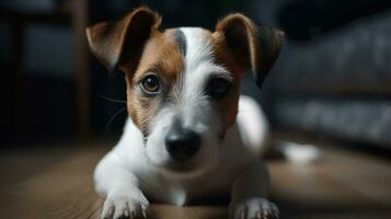 Curious Jack Russell Terrier puppy looking at the camera. Adorable doggy with folded ears lying on the floor at home. cozy interior background, Generative AI photo