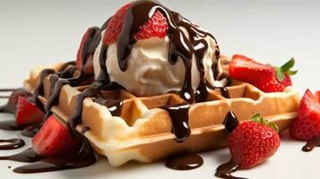 Chocolate strawberries over waffles and chocolate sauce, in the style of black and white mastery, roller wave, dynamic color schemes, Generative AI photo