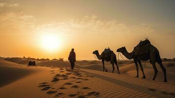Indian cameleers, camel driver bedouin with camel silhouettes in sand dunes of Thar desert on sunset. Generative ai photo