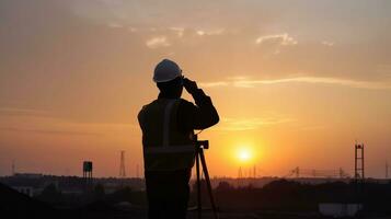 Silhouette engineer standing orders for construction crews to work on high ground heavy industry and safety concept over blurred natural background sunset pastel, generative ai photo