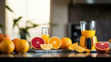 Modern juicer with fresh citrus fruits and glass of juice on table in kitchen. AI Generative photo