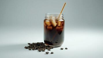 Glass of cold brew with straw and coffee beans on color table against. AI Generative photo