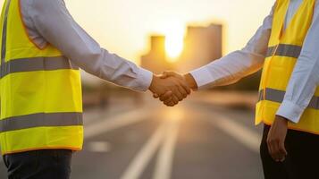 Faceless anonymous engineers in yellow waistcoat uniform shaking hands while standing on city street. Generative AI photo