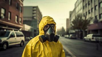 Yellow hazmat suit and pollution mask, polluted city. Generative AI photo