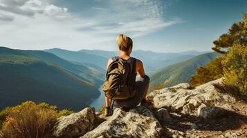 A Female Hiker's Blissful Vista from atop the Mountain Enjoying the view during the day. Generative AI photo