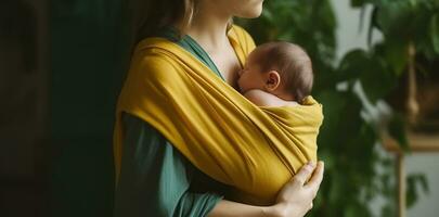 Female standing with sleeping infant in yellow wrap carrier while embracing baby gently. Generative AI photo