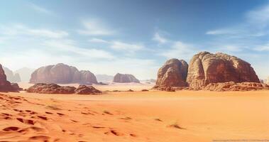 The Breathtaking Panorama of a Red Sand Desert Embracing Mountainous Rocks. Generative AI photo
