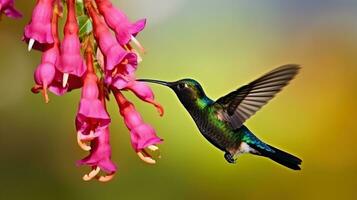 Hummingbird with pink bloom in forest habitat. Colibri thalassinus, flying in the nature tropical wood habitat, red flowe. Generative AI photo