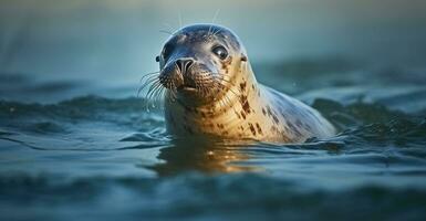 Atlantic Grey Seal Swimming in the ocean waves, Portrait in the dark blue water with morning light, Generative AI photo