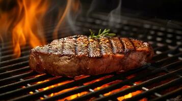 A steak and french fries on a cutting board with sauce. Generative AI photo