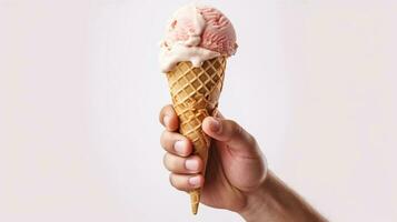 Satisfying Summer Treat, Handheld Milk Ice Cream on a Crispy Waffle Cone Held by a Mans Hand. Generative AI photo