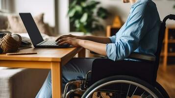 Side view of cropped body of young female in casual clothes sitting on wheelchair at table, writing notes in notebook from laptop while working on project in living room. Generative AI photo