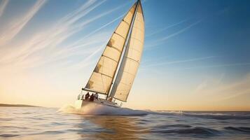 Friends on Board a Speeding Sailboat, Racing Across the Open Waters, Generative AI photo