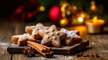 Traditional german Christmas cookies - cinnamon stars on rustic background, Generative AI photo