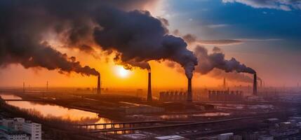 Greenhouse gas emissions. Pollution of factories. Dirty air over the city. Generative AI photo