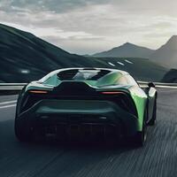 A green sports car is driving on a road in front of mountains. AI Generative photo