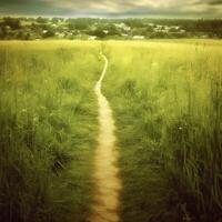 Photo narrow pathway in a field on background of a village. AI Generative