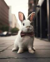 A funny cute white baby rabbit wearing a soft pink bow tie AI Generated Image photo