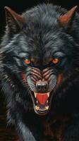 Black wolf angry close-up front view Beautiful wildlife AI Generated Image photo