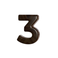 Number 3 3D render with wood material png