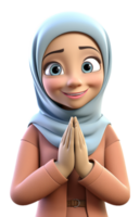 3d Karikatur Charakter Illustration von Muslim Frau mit Gruß Hand Geste. generativ ai png