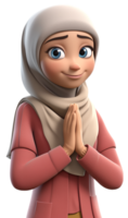 3d Karikatur Charakter Illustration von Muslim Frau mit Gruß Hand Geste. generativ ai png