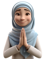 3d Karikatur Charakter Illustration von Muslim Frau mit Gruß Hand Geste. generativ ai png