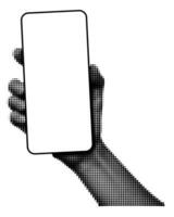 Halftone hand holding smartphone vertically vector illustration