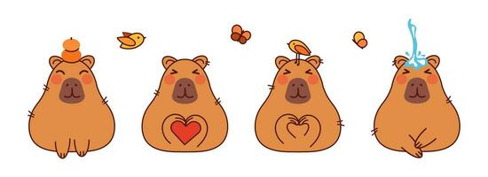 Cute capybara characters set cartoon vector illustration