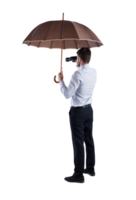 businessman cover himself with an umbrella and watches far with a binocular png