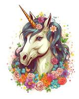 Watercolor Colorful flower Unicorn Face illustration Beautiful Background photo