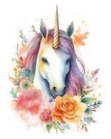 Watercolor Colorful flower Unicorn Face illustration Beautiful Background photo