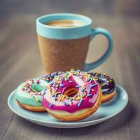 Colorful donuts and coffee. AI Generative photo