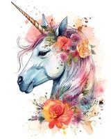 Watercolor Colorful flower Unicorn Face illustration Beautiful Background photo