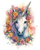 Watercolor Colorful flower Unicorn Face illustration Beautiful Background photo