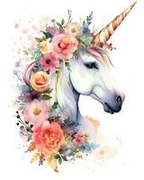 Watercolor Colorful flower Unicorn Face illustration Beautiful Background photo