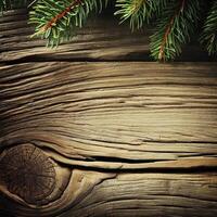 old planked wood board with pine tree branch and decoration. AI Generative photo