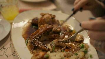 en mangeant asiatique plat avec poulet, riz et des légumes video