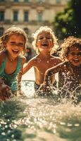 un grupo de niños jugando en un fuente en un caliente verano día riendo y salpicaduras cada otro ai generado imagen foto