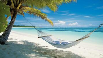A photograph capturing the essence of relaxation featuring on trees hanging bed AI Generated Image photo