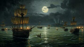 An old oil painting of 100 pirate ships fleet from AI Generated Image photo