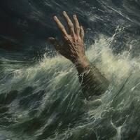 At sea during a storm a hand sticks out of the water between various wreckage AI Generated Image photo