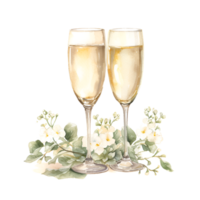 Champagne bicchieri con fiori acquerello clipart ai generato png