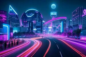 Modern night city in trendy futurism style. Pro Photo