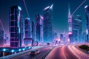 Modern night city in trendy futurism style. Pro Photo