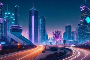 Modern night city in trendy futurism style. Pro Photo