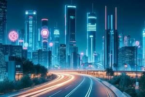 Modern night city in trendy futurism style. Pro Photo